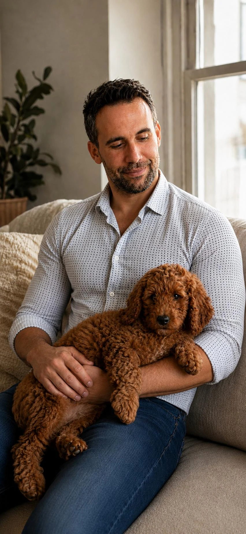 Arnold Szepesi at home with Mila on his lap